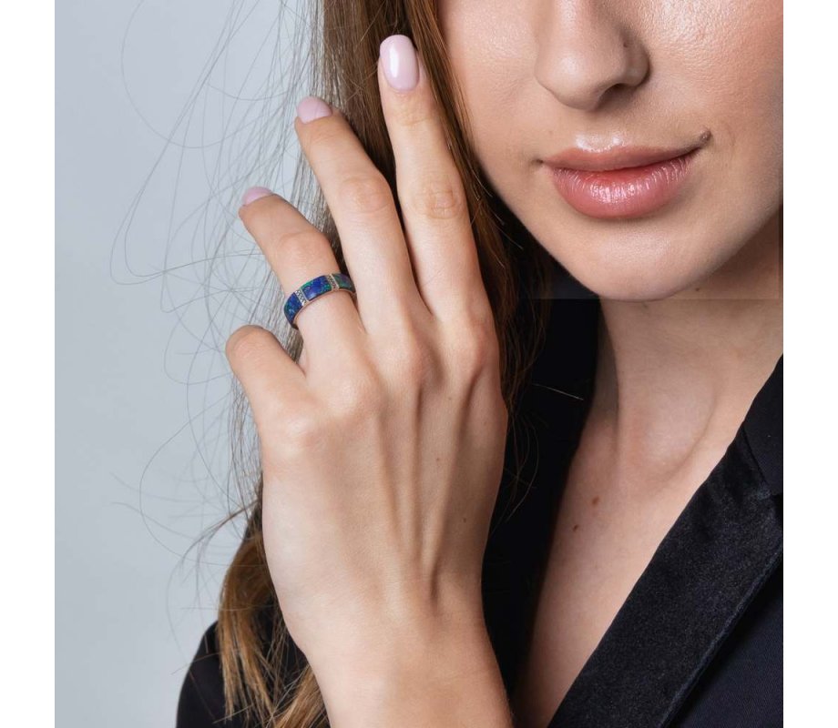 Eilat Stone Sterling Silver Ring with Two Diamond Decorated Stripes