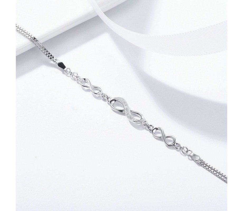 Elegant Bracelet, Zircon Decorated Sterling Silver with Infinity Symbols