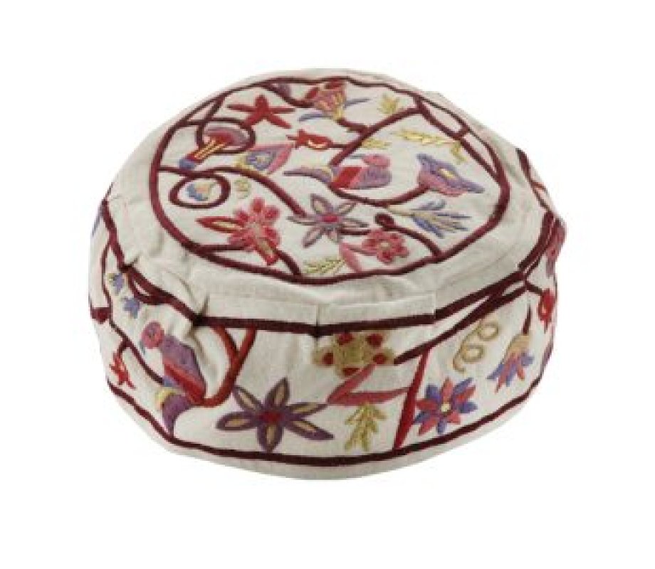 Embroidered Bucharian Hat Kippah, Flowers and Birds on Cream - Yair Emanuel