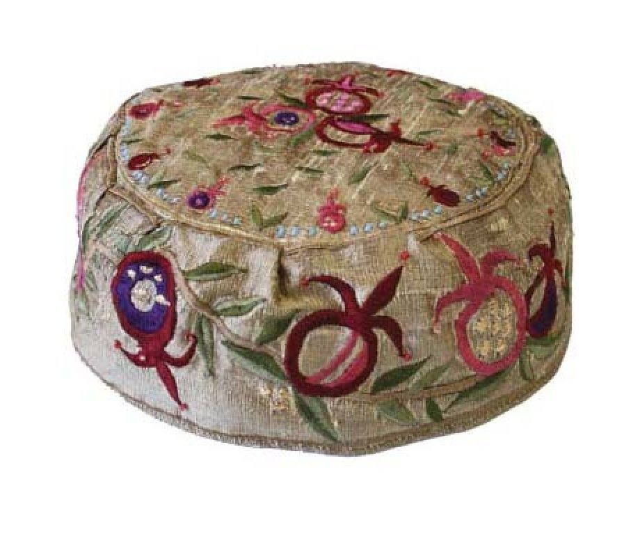 Embroidered Bucharian Hat Kippah on Gold, Pomegranates - Yair Emanuel