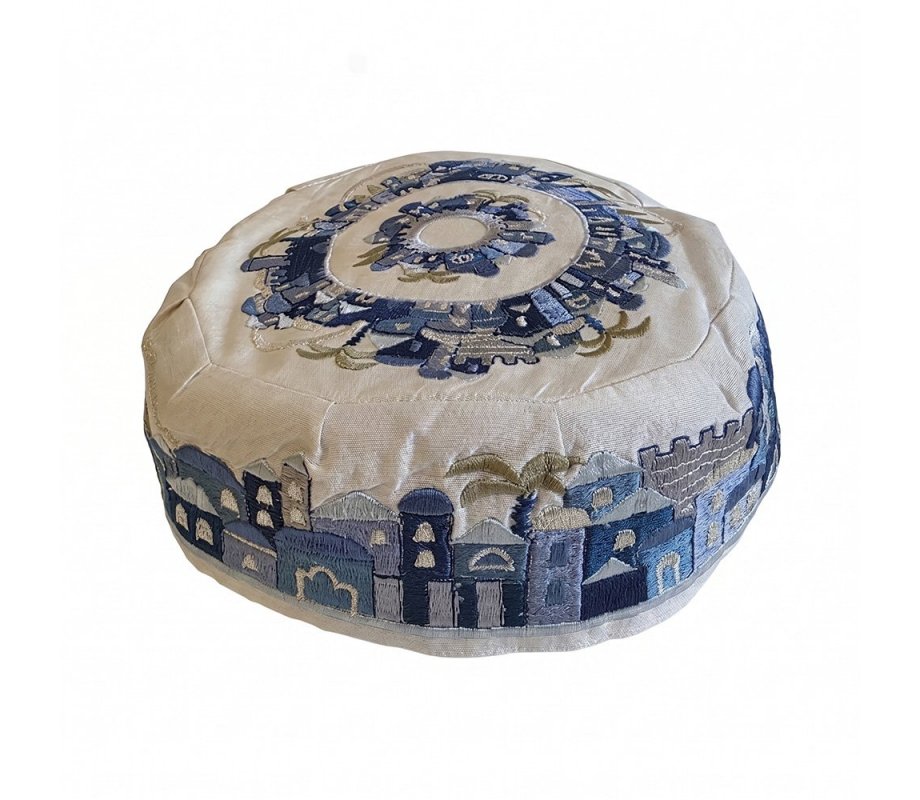 Embroidered Bucharian Hat-Kippah, Blue Jerusalem on White - Yair Emanuel