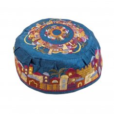 Embroidered Bucharian Hat-Kippah, Colorful Jerusalem on Blue - Yair Emanuel