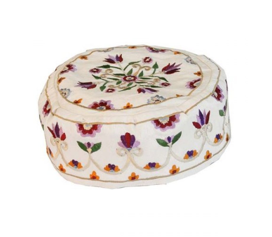 Embroidered Bucharian Hat-Kippah, Flowers on Off-White Fabric - Yair Emanuel