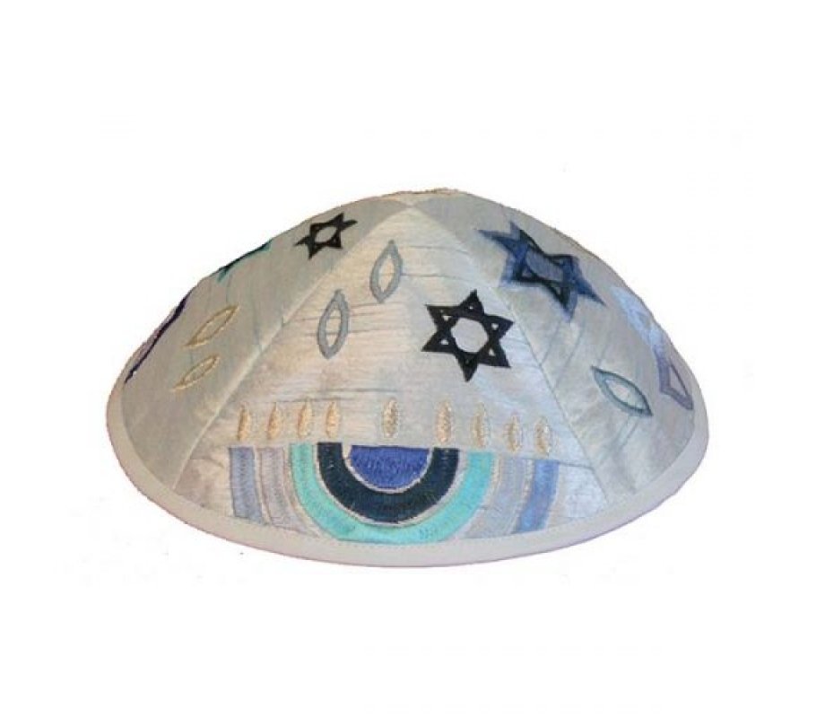 Embroidered Hanukkia, Star of David and Flame in Blue - Yair Emanuel