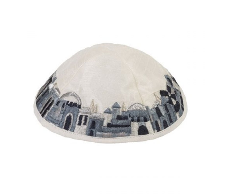 Embroidered Kippah, Black and Gray Jerusalem Images on White - Yair Emanuel