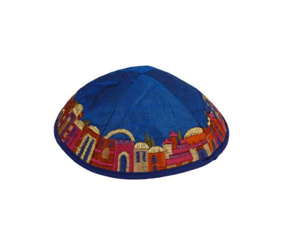 Embroidered Kippah, Colorful Jerusalem Images on Royal Blue - Yair Emanuel