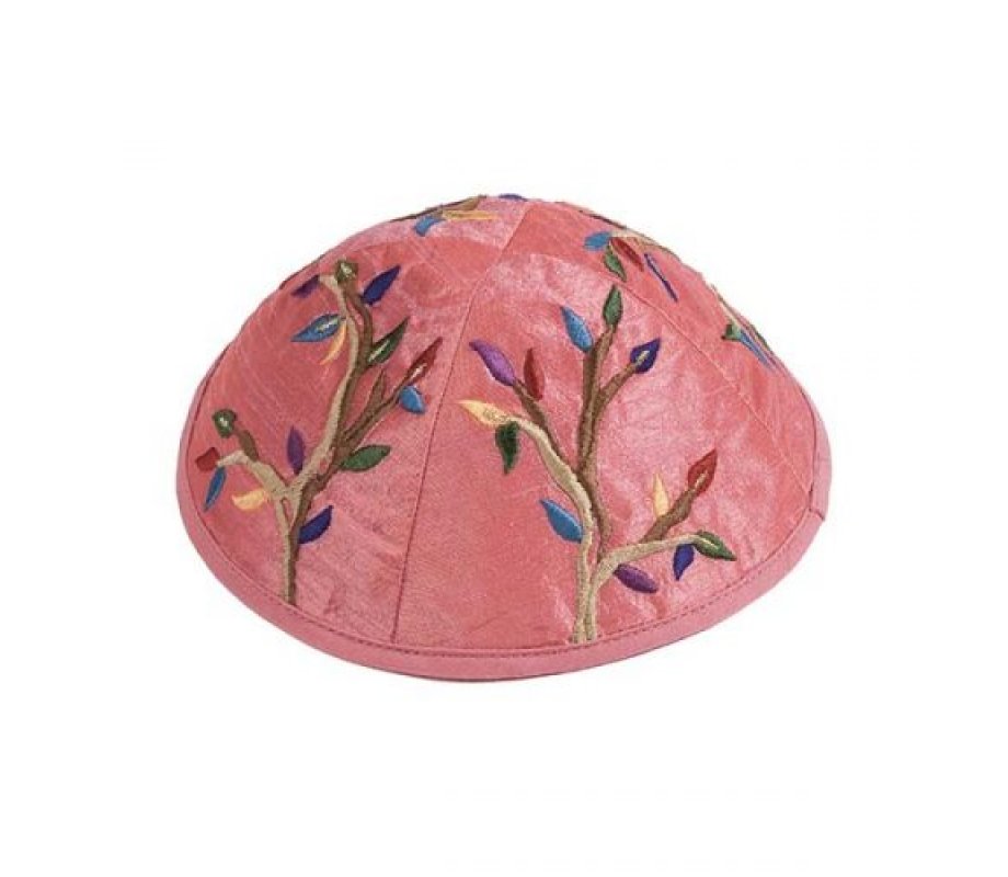 Embroidered Kippah, Colorful Tree of Life Design on Pink - Yair Emanuel