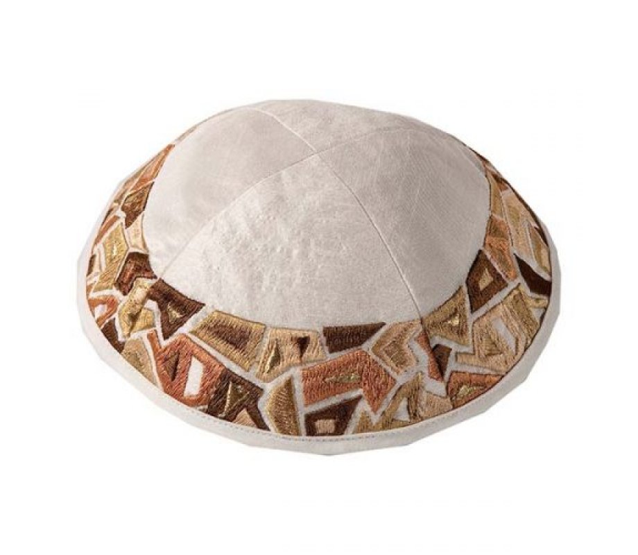 Embroidered Kippah, Gold Geometric Shapes on Cream - Yair Emanuel