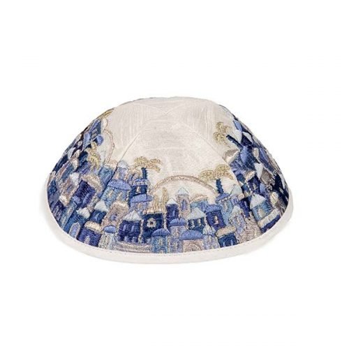 Embroidered Kippah, Jerusalem Vistas in Blue - Yair Emanuel