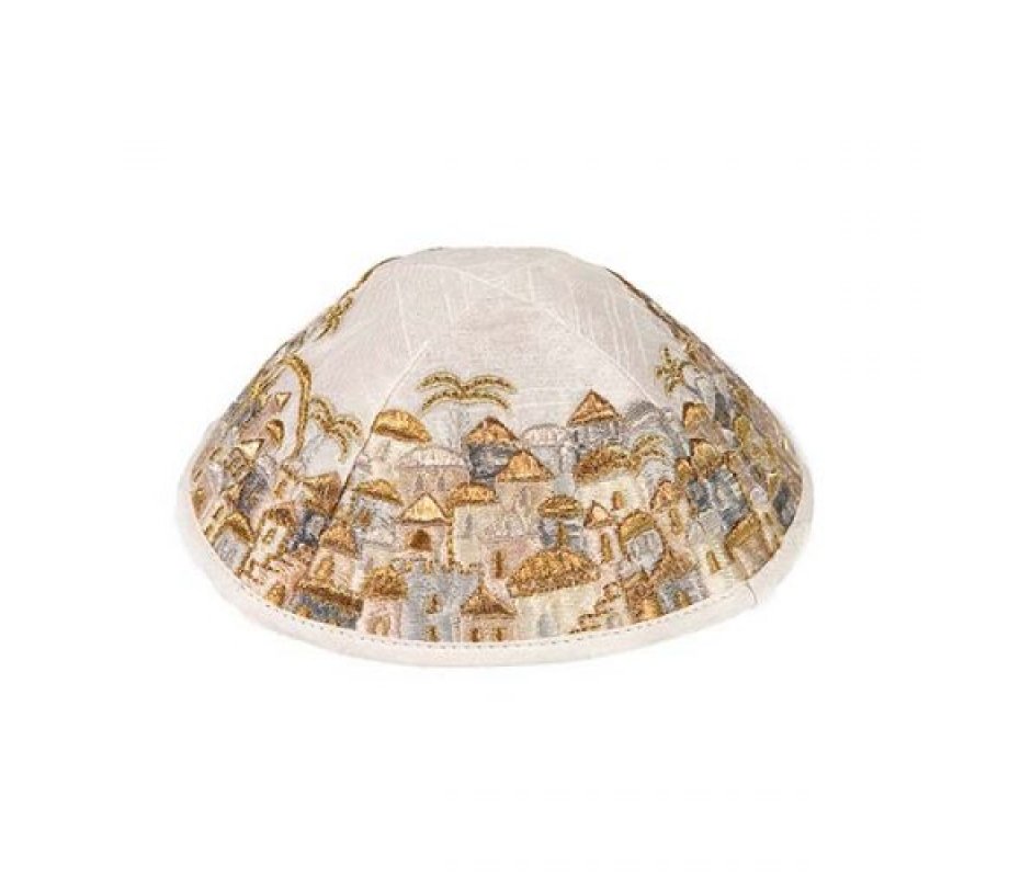 Embroidered Kippah, Jerusalem Vistas in Gold and Silver - Yair Emanuel