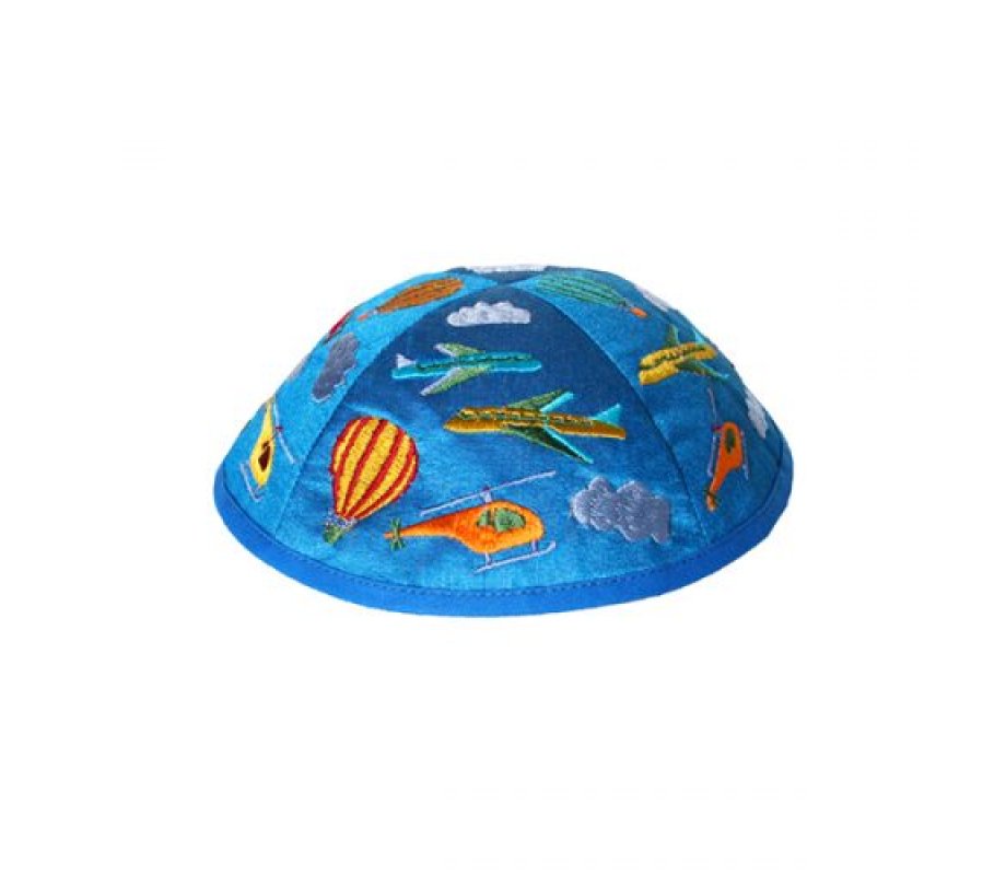 Embroidered Kippah for Children, Airplane Design on Blue - Yair Emanuel