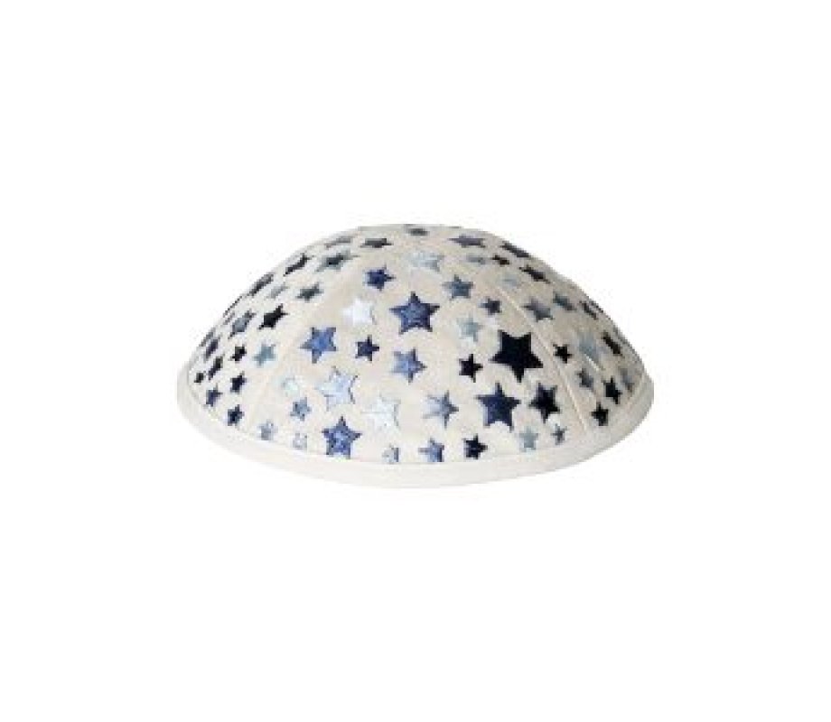 Embroidered Kippah for Children, Colorful Stars on White - Yair Emanuel