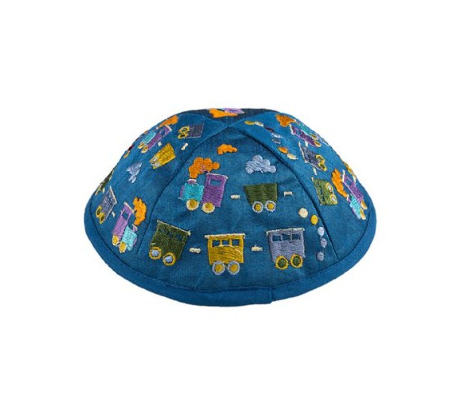 Embroidered Kippah for Children, Colorful Trains on Blue - Yair Emanuel