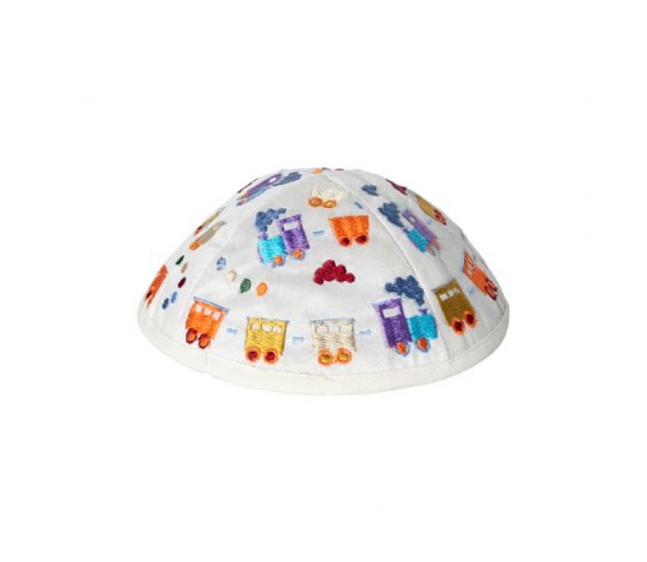 Embroidered Kippah for Children, Colorful Trains on White - Yair Emanuel