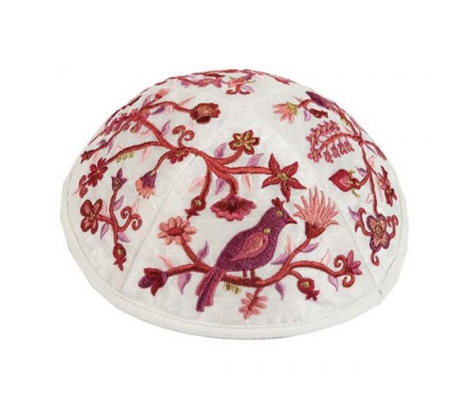 Embroidered Kippah with Birds and Flowers, Maroon and Pink - Yair Emanuel