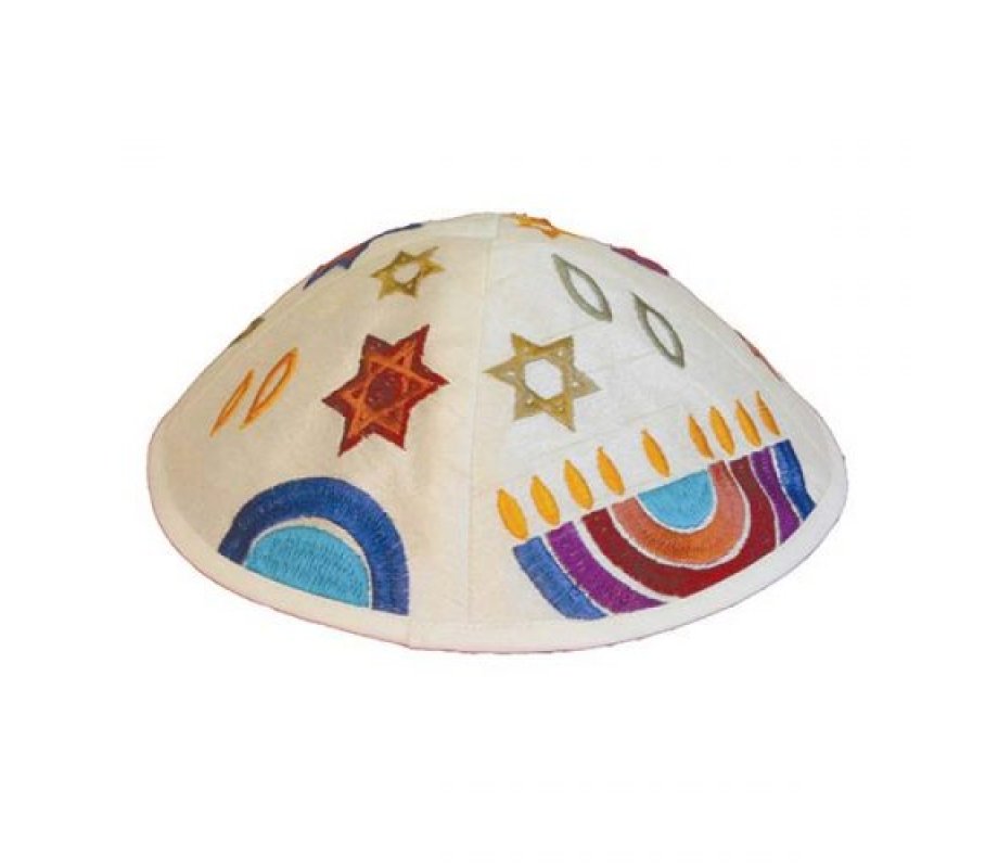 Embroidered Kippah with Colorful Hanukkiah, Star of David and Flame - Yair Emanuel