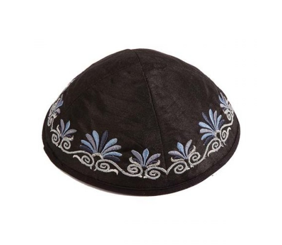 Embroidered Kippah with Date Palm Design, Black - Yair Emanuel
