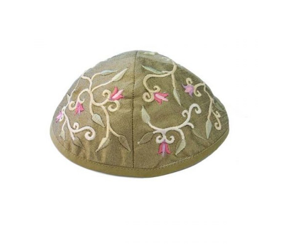 Embroidered Kippah with Flowers and Leaves, Gold - Yair Emanuel