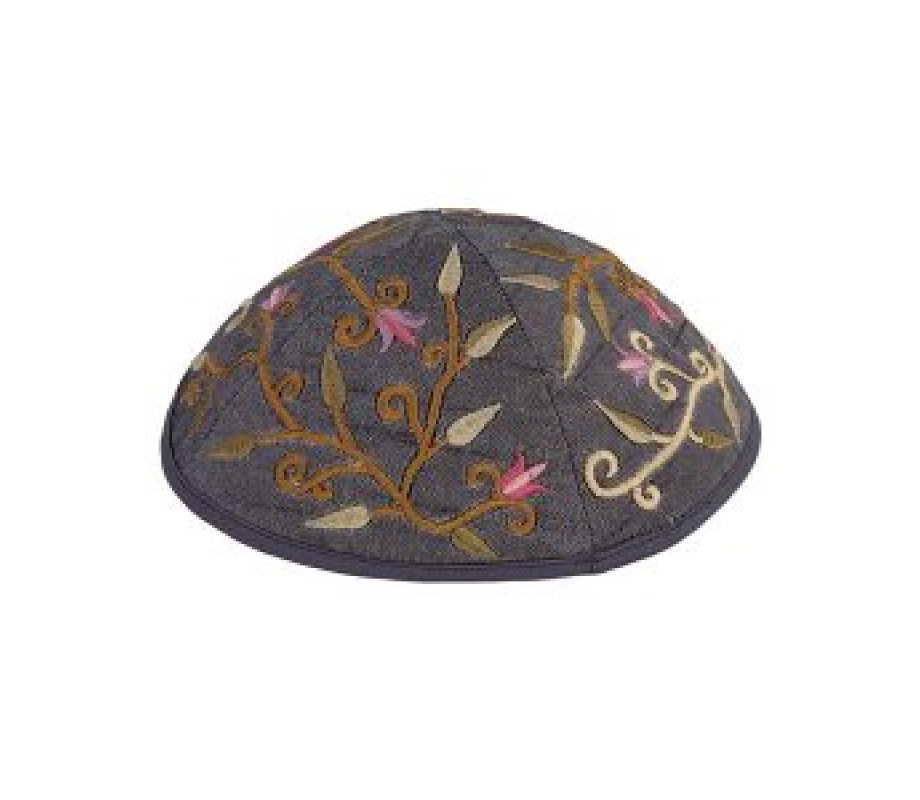Embroidered Kippah with Flowers and Leaves, Gray - Yair Emanuel