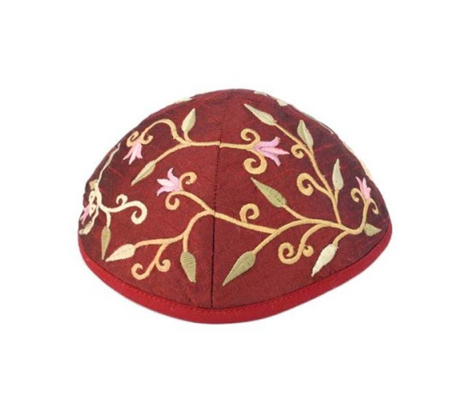 Embroidered Kippah with Flowers and Leaves, Maroon - Yair Emanuel