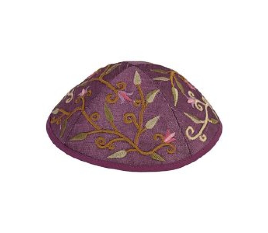Embroidered Kippah with Flowers and Leaves, Purple- Yair Emanuel