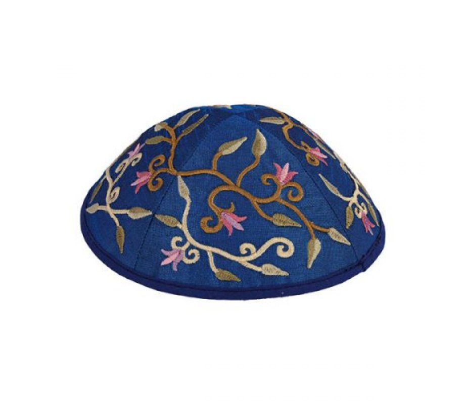 Embroidered Kippah with Flowers and Leaves, Royal Blue- Yair Emanuel