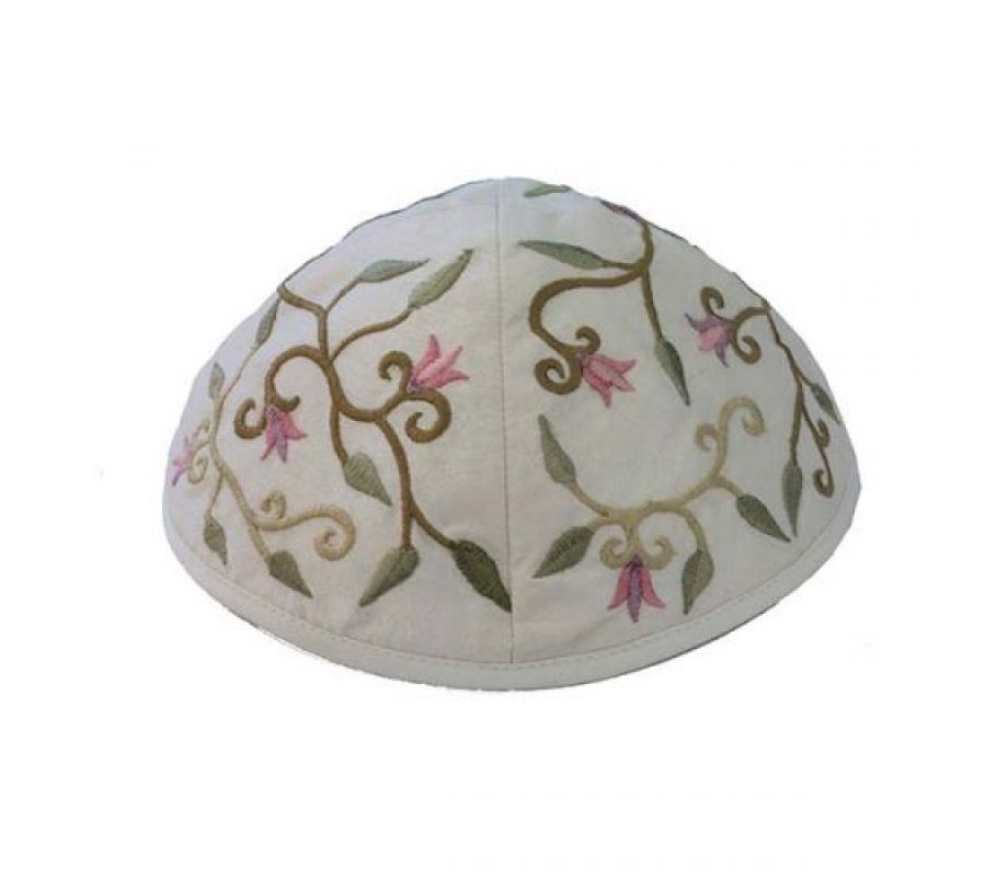 Embroidered Kippah with Flowers and Leaves, White - Yair Emanuel
