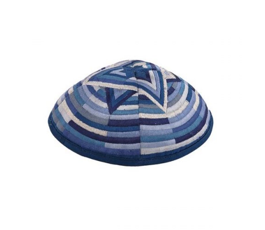 Embroidered Kippah with Large Star of David and Circular Bands, Blue - Yair Emanuel