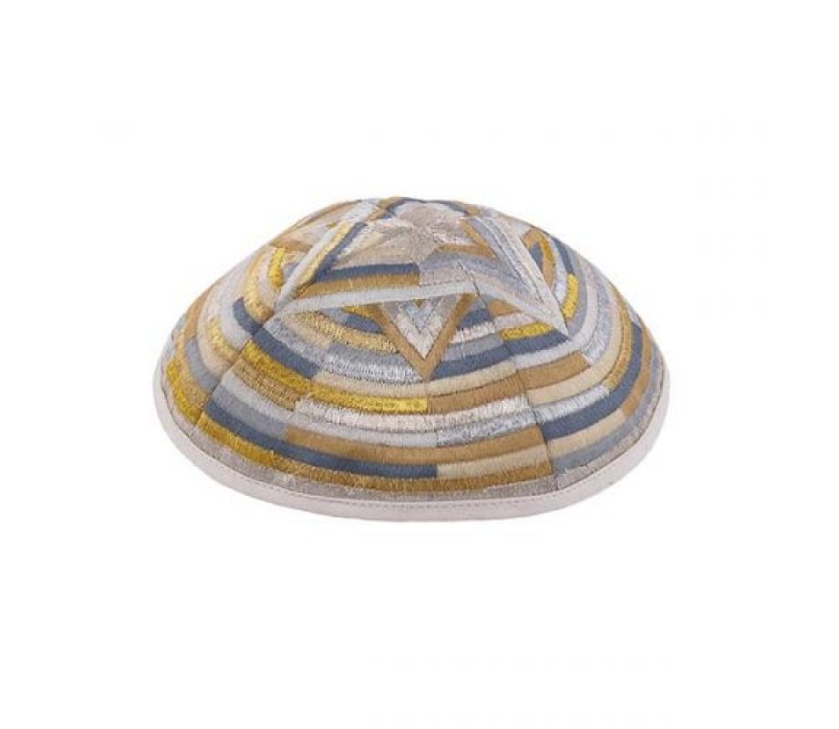 Embroidered Kippah with Large Star of David and Circular Stripes, Gold - Yair Emanuel