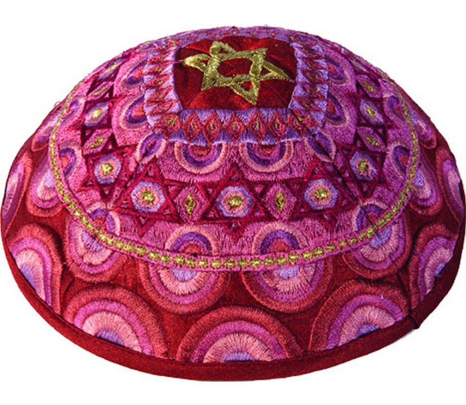 Embroidered Kippah with Stars of David, Pink & Gold - Yair Emanuel