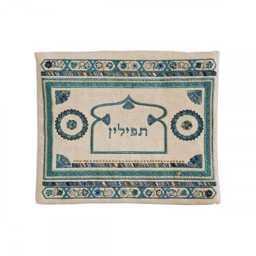 Embroidered Linen Tallit & Tefillin Bag, Turquoise with Oriental Motifs - Yair Emanuel