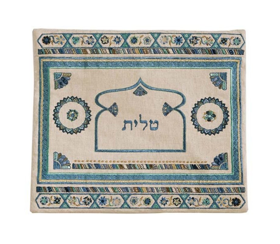 Embroidered Linen Tallit & Tefillin Bag, Turquoise with Oriental Motifs - Yair Emanuel