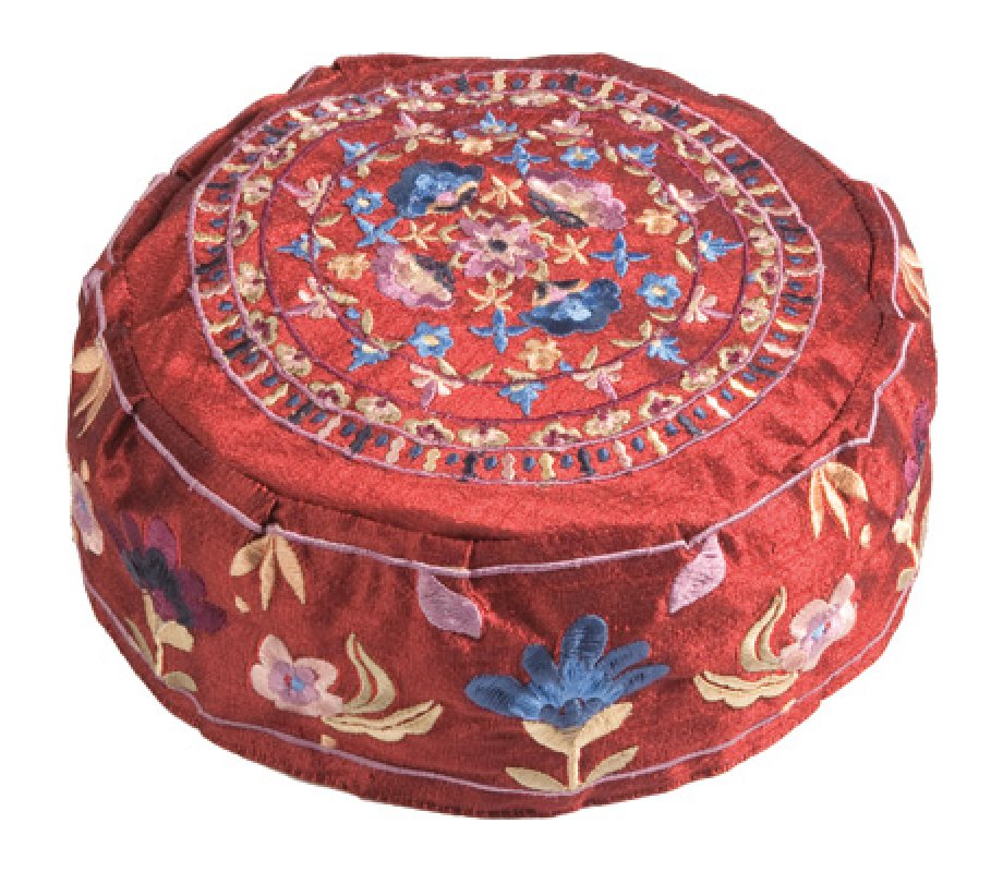 Embroidered Maroon Bucharian Hat-Kippah, Colorful Flowers - Yair Emanuel