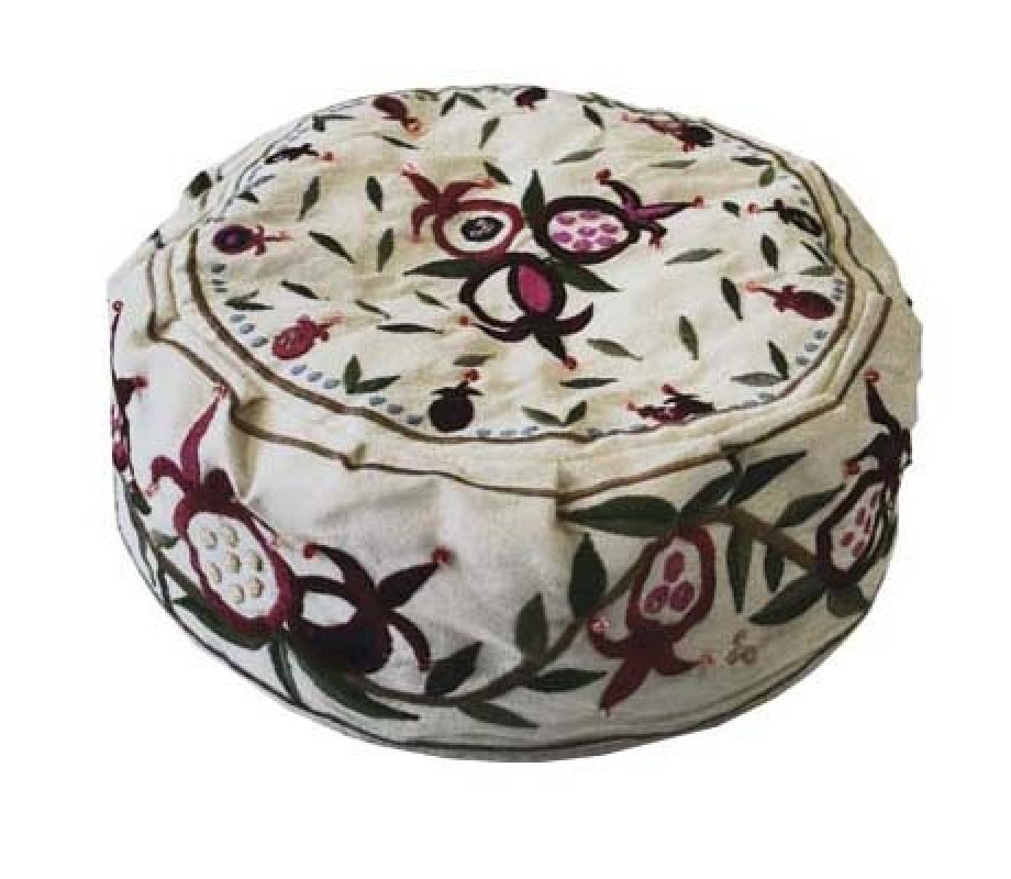 Embroidered Off-white Bucharian Hat-Kippah with Embroidered Pomegranates - Yair Emanuel