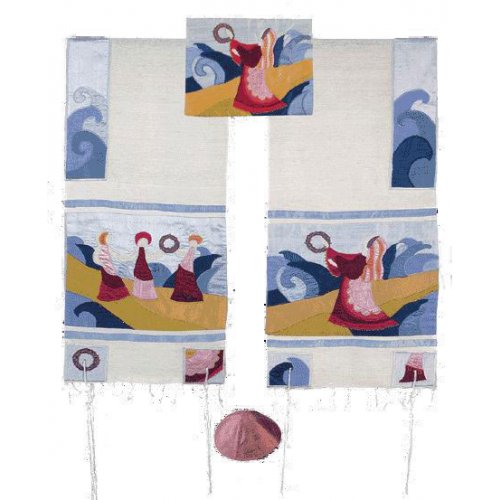 Embroidered Raw Silk Tallit Set, Miriam with Tambourines at Red Sea - Yair Emanuel