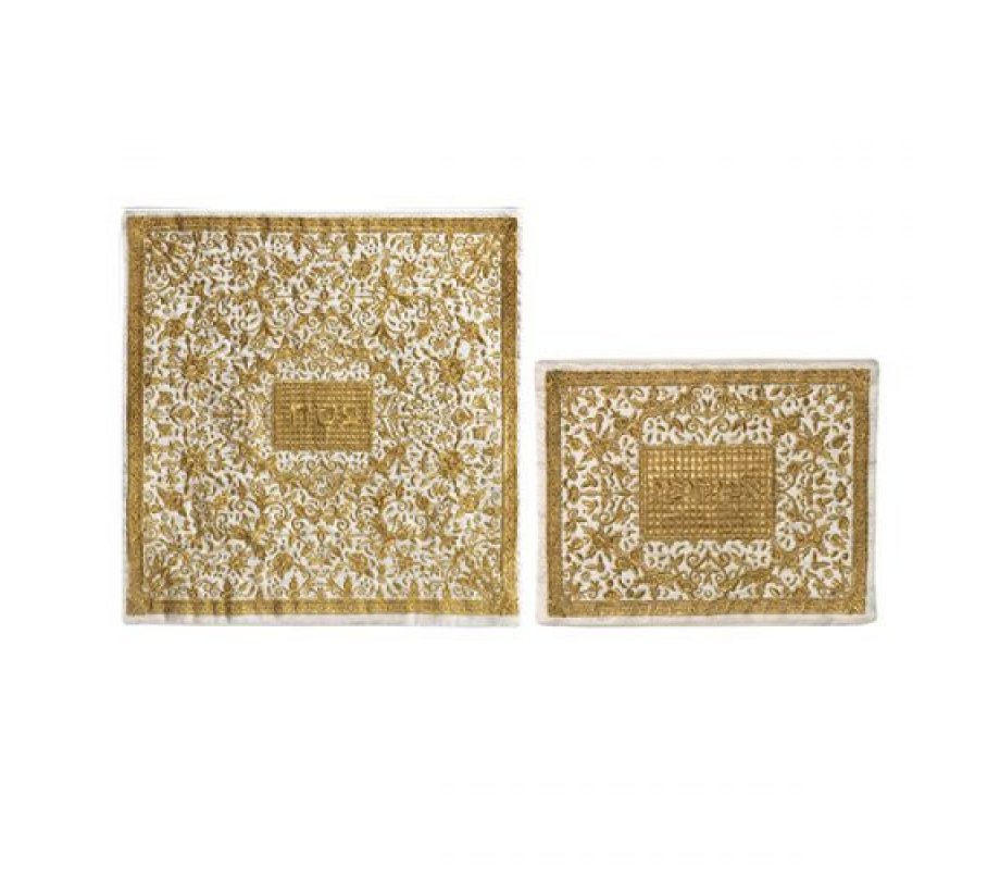 Embroidered Silk Floral Matzah & Afikoman Cover, Gold, Sold Separately - Yair Emanuel