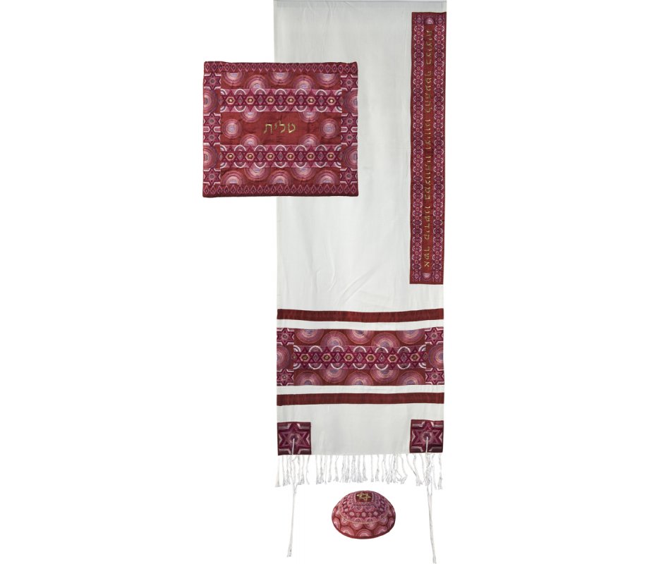 Embroidered Silk and Cotton Tallit Set, Red and Pink Stars of David - Yair Emanuel