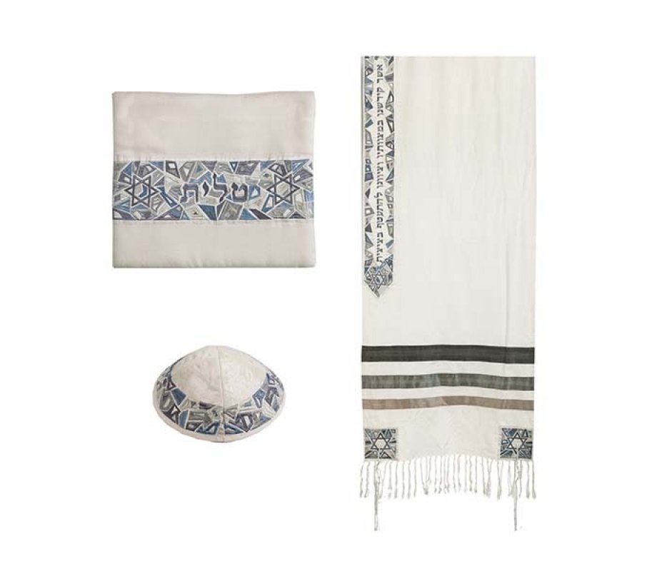 Embroidered Star of David Gray Mosaic Prayer Shawl Tallit Set - Yair Emanuel