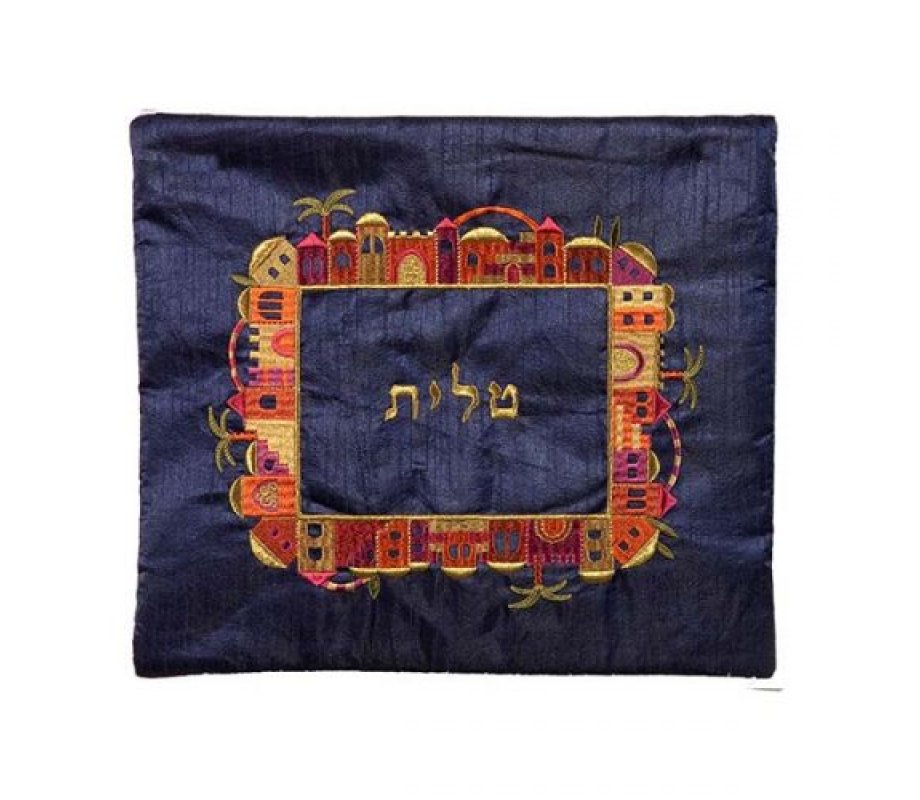 Embroidered Tallit and Tefillin Bag Set, Jerusalem Frame on Blue - Yair Emanuel