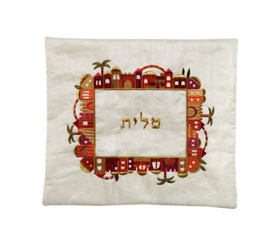 Embroidered Tallit and Tefillin Bag Set, Jerusalem Frame on Off White - Yair Emanuel