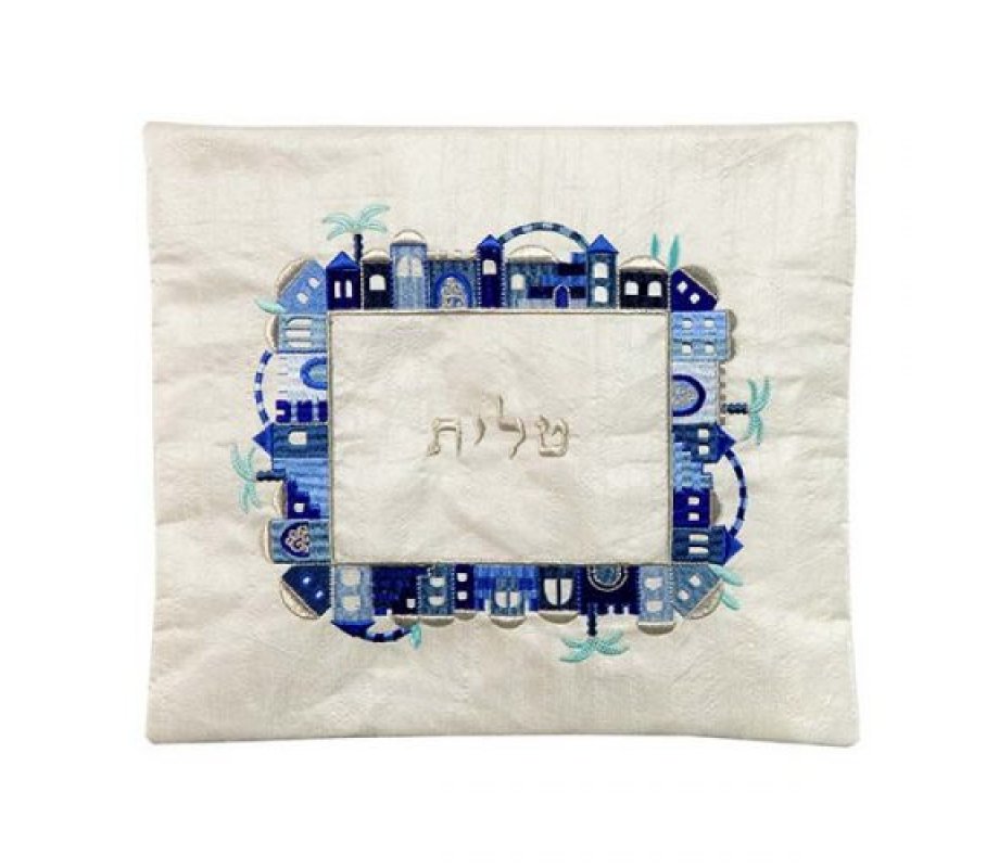 Embroidered Tallit and Tefillin Bags, Blue on Off-White Jerusalem Images - Yair Emanuel