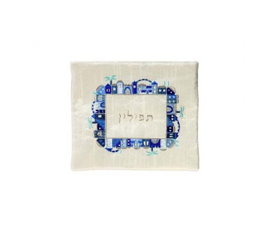 Embroidered Tallit and Tefillin Bags, Blue on Off-White Jerusalem Images - Yair Emanuel