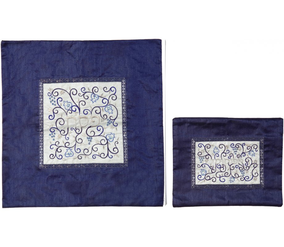 Embroidered Twirls Matzah & Afikoman Cover, Sold Separately, Royal Blue - Yair Emanuel