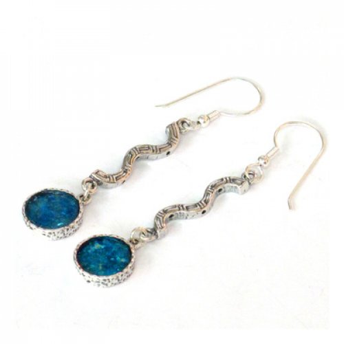 Engraved Sterling Silver Dangle Earrings with Framed Roman Glass - Michal Kirat