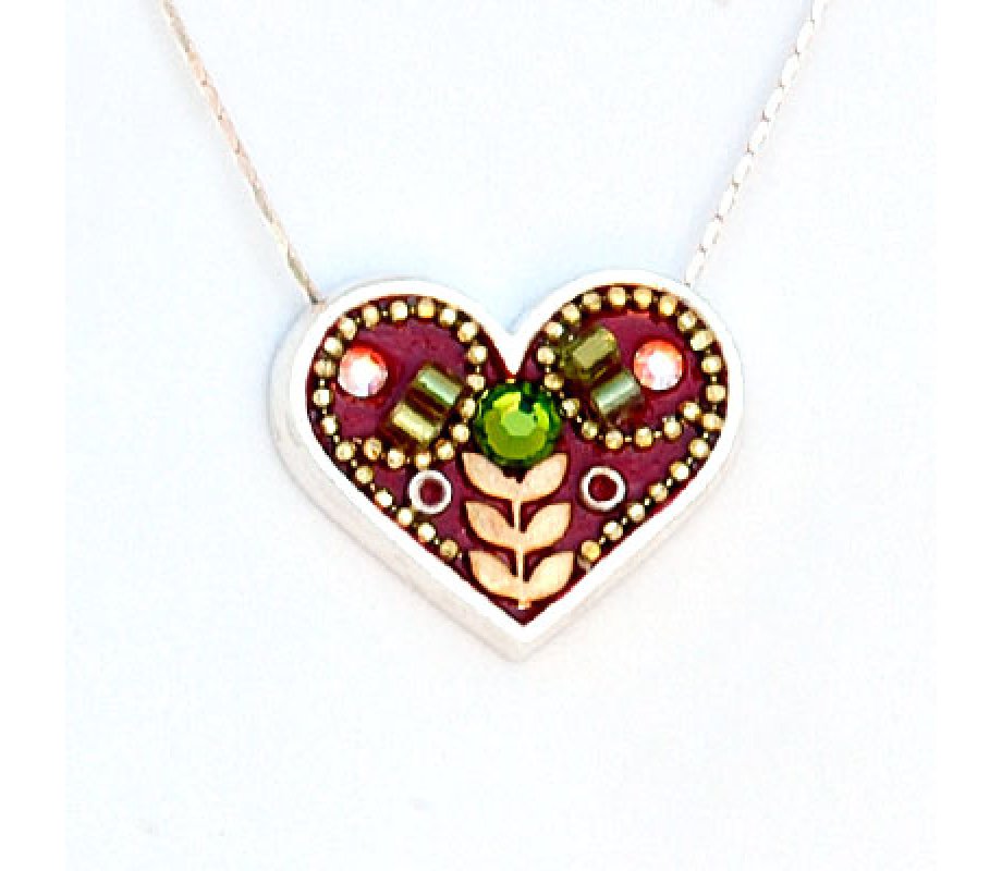 Ester Shahaf Maroon Heart Flower Necklace