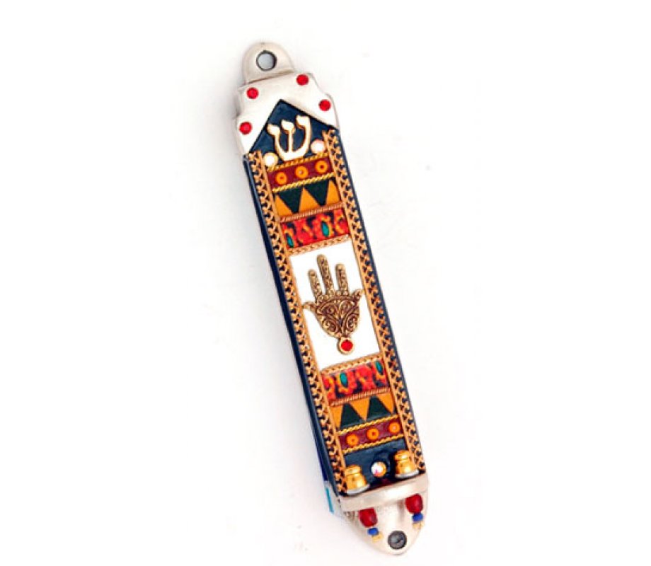 Ester Shahaf Orange Mezuzah with Hamsa
