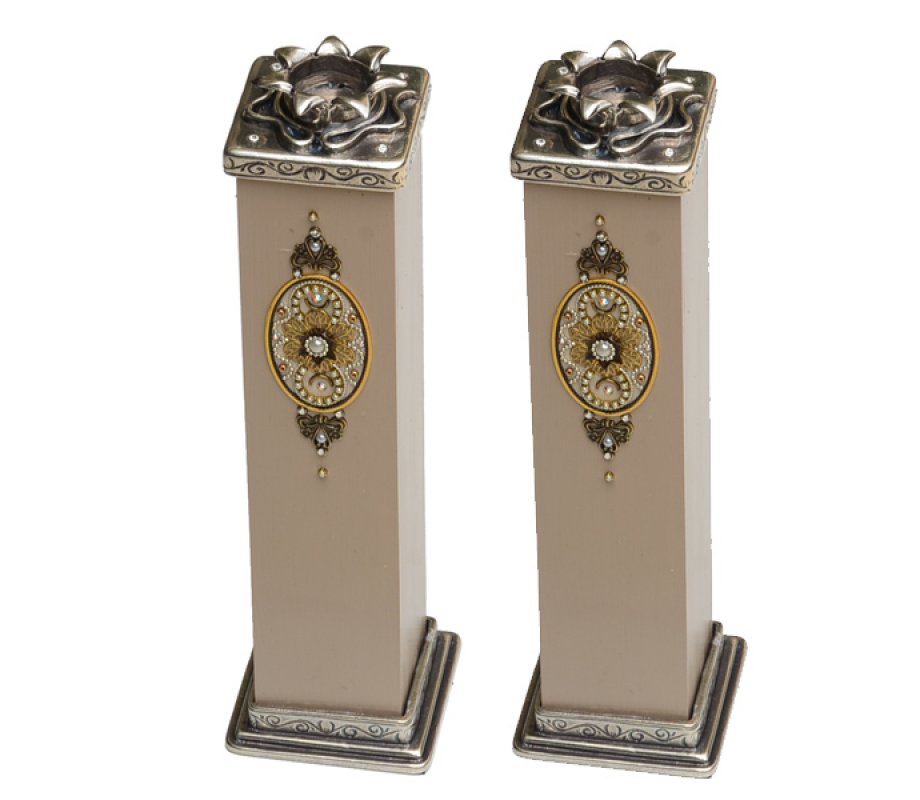 Ester Shahaf Pewter and Wood Candlesticks