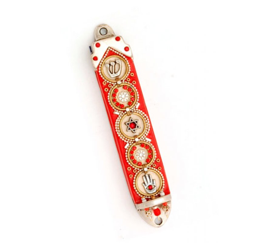 Ester Shahaf Red Mezuzah Case with Hamsa