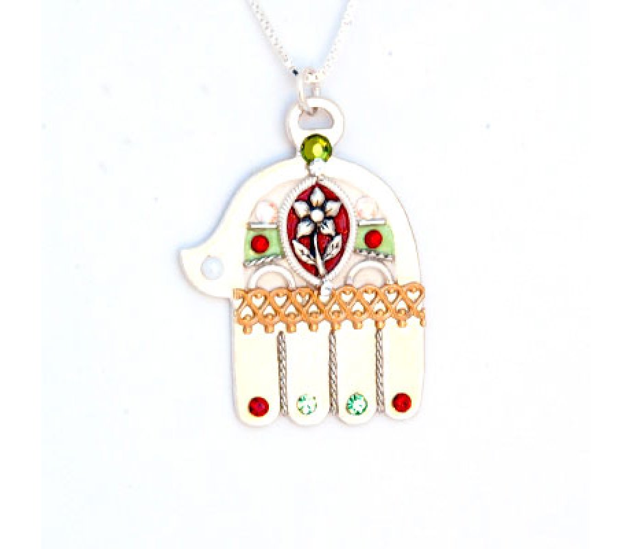 Ester Shahaf Silver Hamsa Necklace with Flower