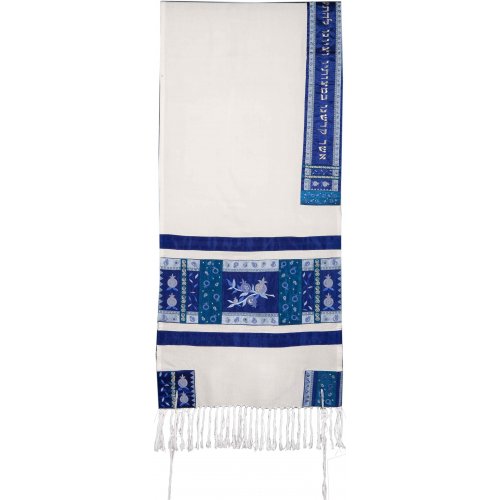 Fabric and Embroidered Silk Tallit Set Pomegranate Design, Blue - Yair Emanuel